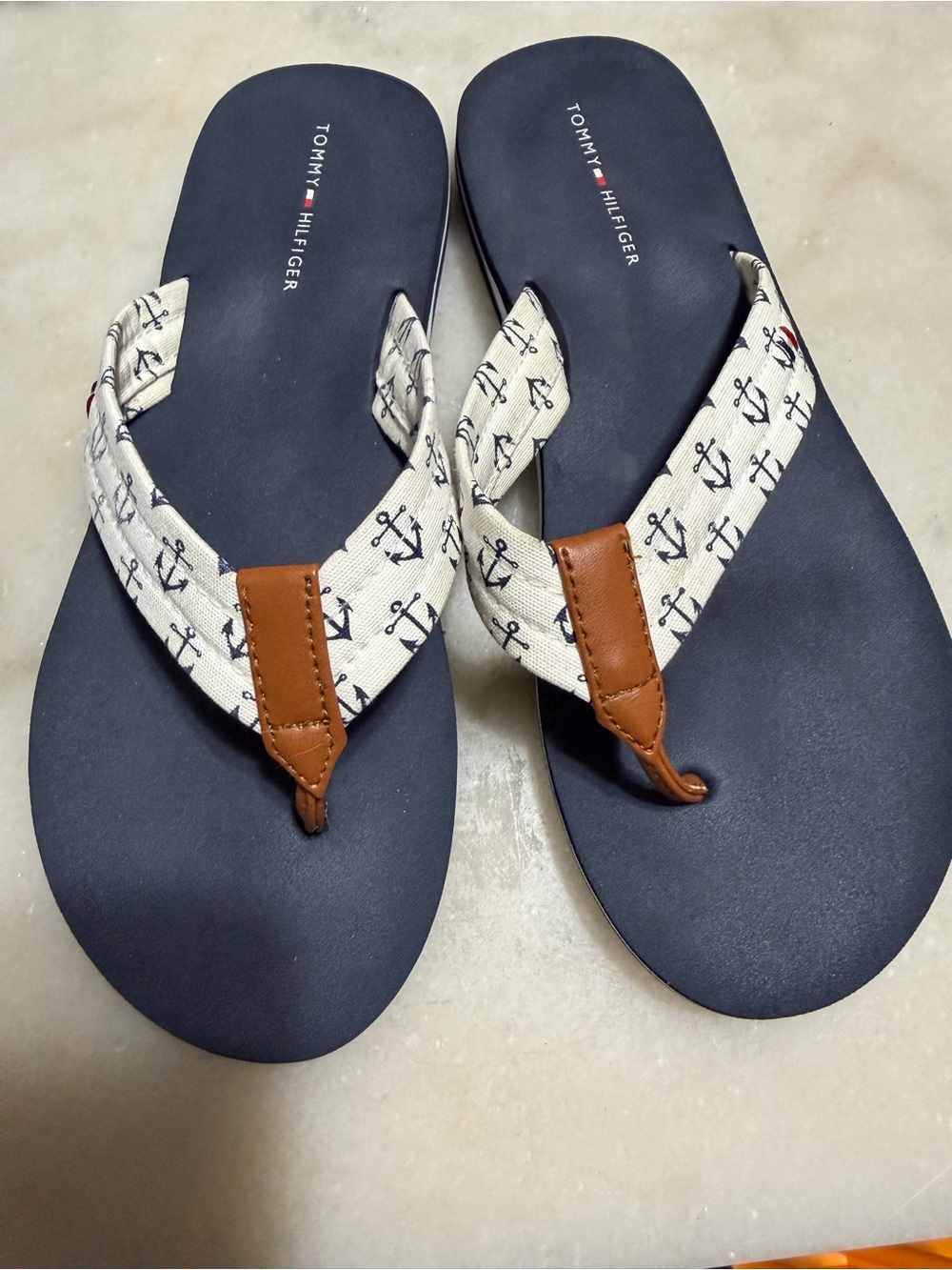Tommy Hilfiger Navy Flip Flops with Anchor-Print Straps and Brown Accents